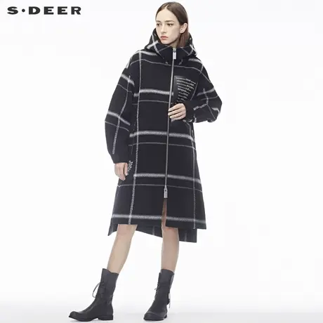 【预售】sdeer圣迪奥格纹开衩摆撞色高领连帽毛呢大衣S18481809图片