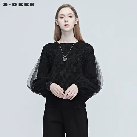 sdeer圣迪奥女装螺纹圆领网纱拼接灯笼袖针织衫毛衣S20383522图片