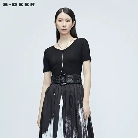 sdeer圣迪奥女装夏季黑色V领花边基本款针织衫S20283506图片