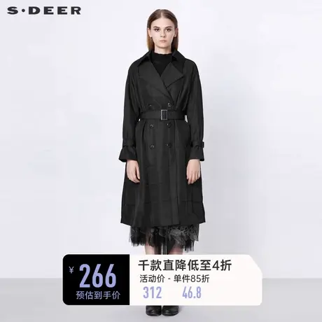 sdeer圣迪奥春装休闲翻领双排扣收腰肌理长款风衣S21381815图片
