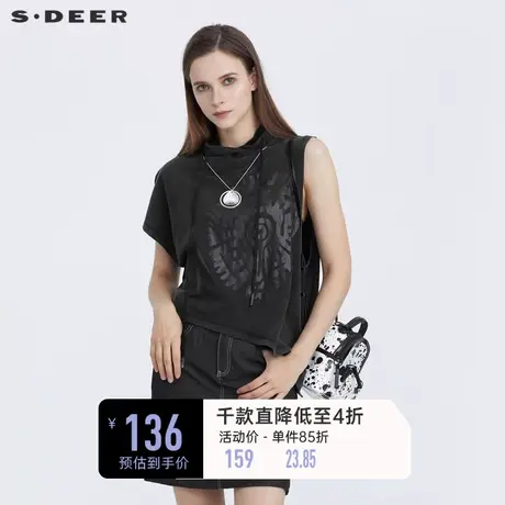 sdeer圣迪奥夏季休闲连帽印花设计感不对称短袖T恤女S21280172🚶商品大图