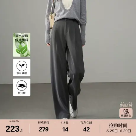 娅丽达绿叶吊牌阔腿裤女春秋宽松裤子灰色长裤2025新款直筒休闲裤商品大图