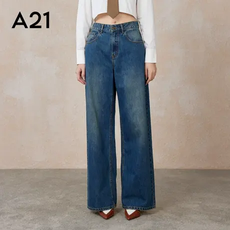 A21女装宽松中腰阔腿牛仔长裤春季复古怀旧水洗廓形简约休闲裤子商品大图