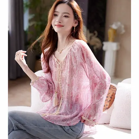 宝诗黎V领系带印花长袖衬衫女2025夏季洋气宽松休闲大码天丝衬衣图片