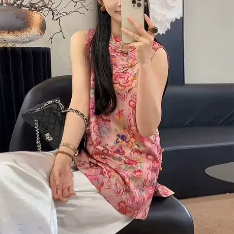 2025玫红色印花马甲上衣无袖衬衫背心新中式盘扣国风旗袍小衫女夏图片