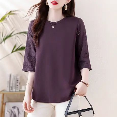 短袖t恤女夏季新款宽松加肥加大码中年妈妈洋气镂空显瘦中袖体恤图片