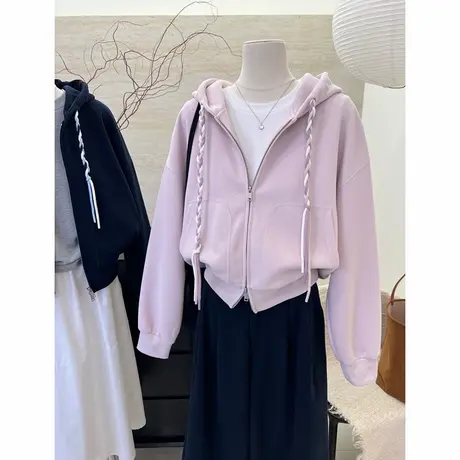 韩系休闲设计感连帽卫衣女士2025春秋新款百搭显瘦拉链开衫短外套商品大图