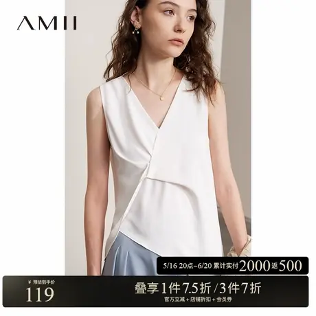 Amii2025夏新款V领扭结收褶不规则斜摆雪纺衫女别致漂亮洋气小衫商品大图