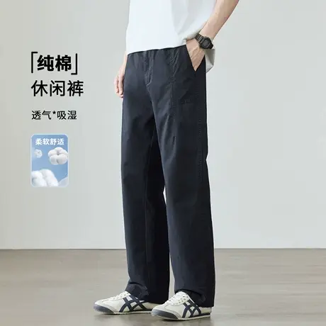 高端纯棉透气休闲裤男士2025夏季新款宽松大码纯色松紧腰直筒裤子商品大图