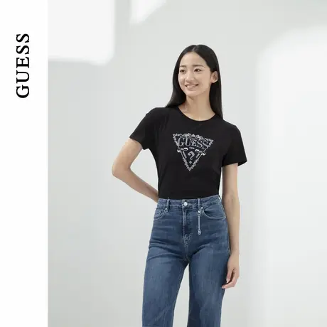 GUESS女士镶钻简约纯色百搭通勤短袖T恤-YO2K2430图片