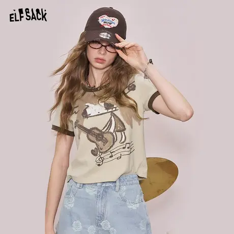 妖精的口袋复古印花正肩短袖t恤女2025年夏新款休闲修身显瘦上衣图片