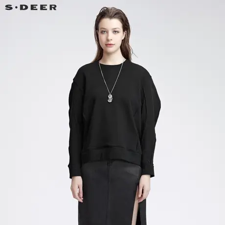 sdeer圣迪奥2022春季新款圆领拼接黑色长袖T恤卫衣女S22160205🔀商品大图