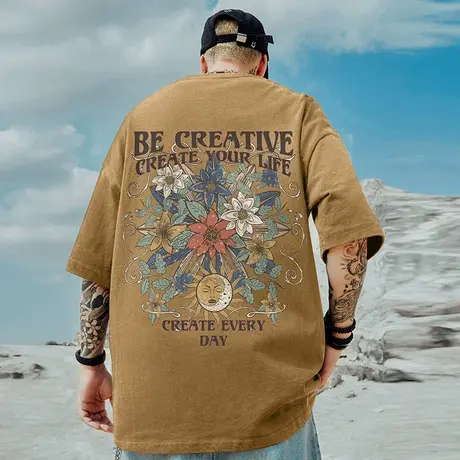 重磅加肥加大胖子短袖t恤街头大码卡其色圆领纯棉美式复古半袖男商品大图