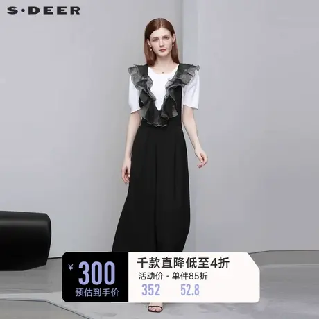 sdeer圣迪奥夏季直筒背带裤女少女波点网纱黑色阔腿长裤S222Z1014🐞商品大图