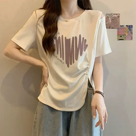 设计感小众短袖t恤女夏季韩版宽松大码女装不规则开叉露肩上衣服商品大图