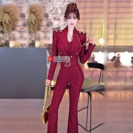 VJE设计感蕾丝网布印花连体裤2025春季立体剪裁收腰OL西装连身裤商品大图