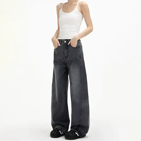 美式复古水洗直筒阔腿牛仔裤女夏cleanfit宽松百搭休闲弯刀长裤图片