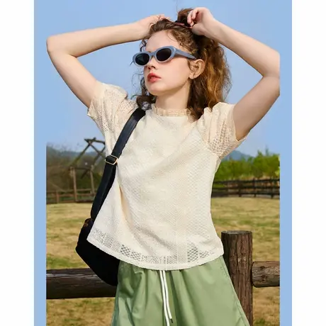 a02【假两件设计感】个性优雅镂空设计短袖上衣夏季女式衬衫商品大图