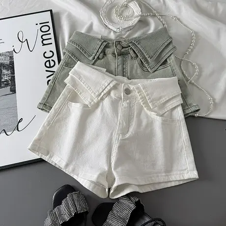 腰头翻边设计感小众牛仔短裤女辣妹夏季洋气时尚显瘦阔腿a字热裤商品大图