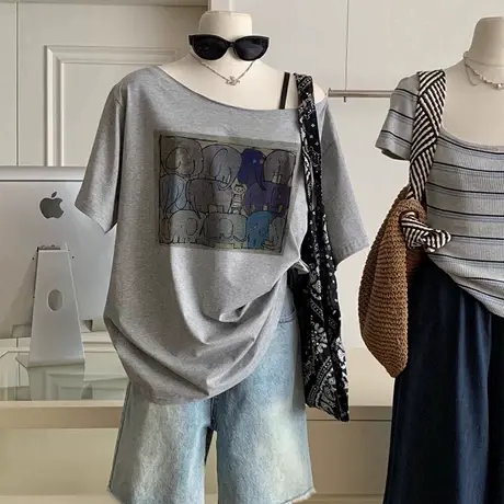 超火cec斜肩短袖t恤女夏季洋气独特法式别致露肩chic上衣ins甜辣商品大图