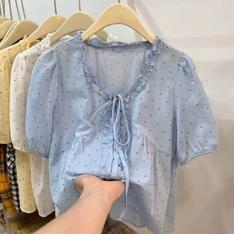 韩系木耳花边V领泡泡短袖波点衬衫女2025夏季减龄娃娃小衫短上衣商品大图
