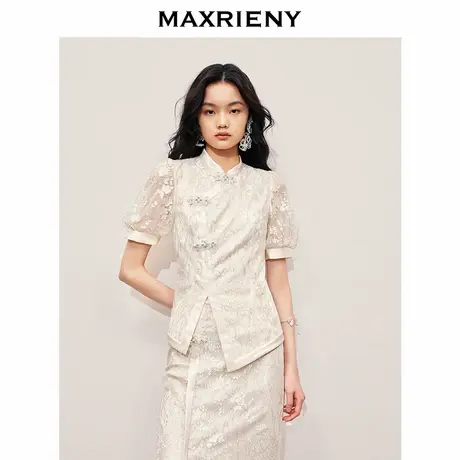 【奥莱】MAXRIENY国风新中式蕾丝上衣修身立领手工盘扣图片