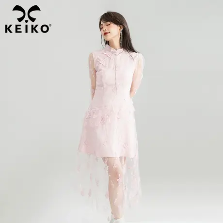 KEIKO 温婉新中式旗袍改良连衣裙25夏季粉色绣花轻纱拼接包臀短裙商品大图