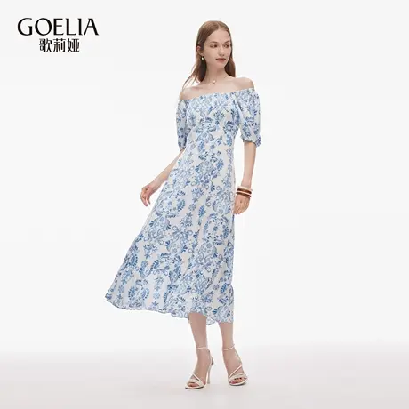 歌莉娅秋季新品蓝调笔触印花方领连衣裙1E7L4K900商品大图