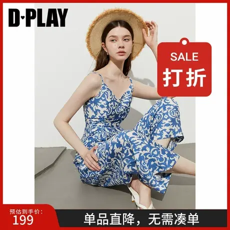 DPLAY2025年夏季新款蓝色印花露背连体裤沙滩度假风吊带裤子商品大图