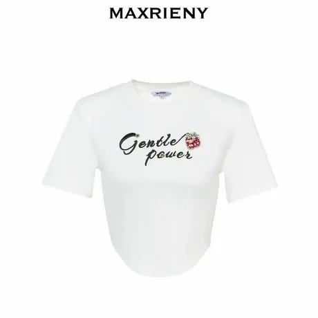 【奥莱】MAXRIENY短袖T恤夏季草莓绣花鱼骨截短上衣女图片
