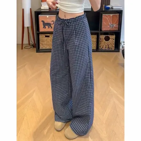 藏青色韩版木耳边格子阔腿裤女夏季新款直筒高腰宽松显瘦休闲裤子商品大图