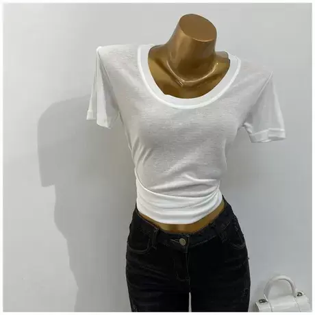 超低胸～大圆领舒适薄款透气随意tee韩国短袖T恤打底上衣2021新款图片