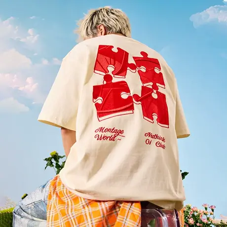 Nuthink重磅刺绣拼图短袖T恤美式潮牌宽松半袖情侣男女2025夏新款图片