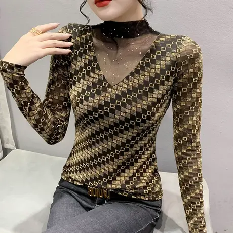 2024秋冬新款金线烫钻网纱T恤女长袖性感气质上衣紧身内搭打底衫图片