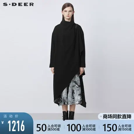 sdeer圣迪奥2021冬季新品高领皮扣不规则黑色毛呢大衣女S21481702图片