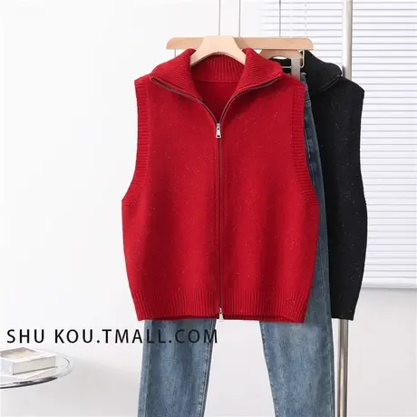 设计感亮丝高领针织马甲背心女内搭拉链马夹上衣潮商品大图