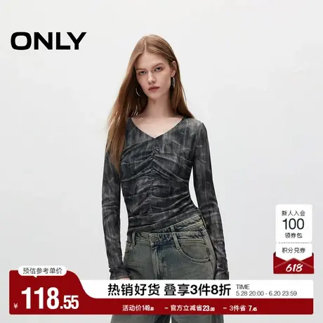 ONLY奥莱夏季时尚做旧显瘦印花褶皱V领长袖T恤女图片