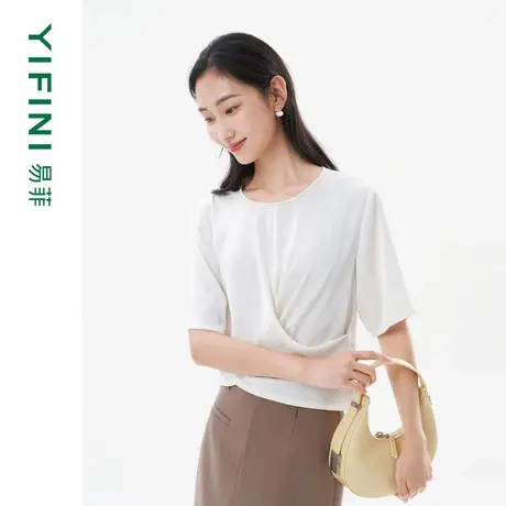[专柜同款]Yifini/易菲下摆扭结交叉设计宽松短款小衫夏装新商品大图