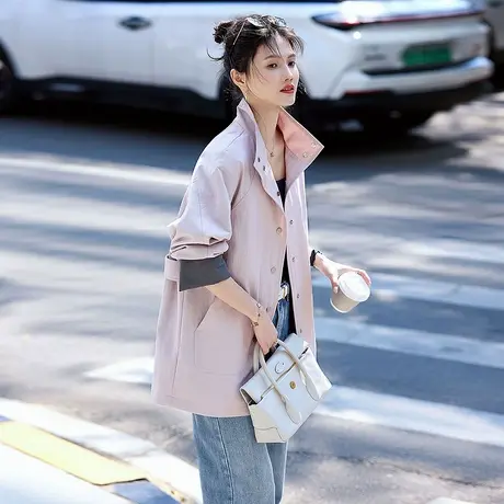 时尚气质风衣2025年春季新款女半高领休闲宽松撞色简约中长款外套商品大图