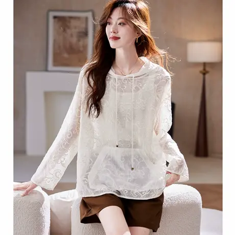 宝诗黎连帽亮片刺绣镂空薄款上衣2025夏季宽松休闲大码防晒女装图片