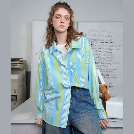 a02竖条纹薄款扣子撞色条纹小清新外套2025春季宽松休闲女式衬衫商品大图