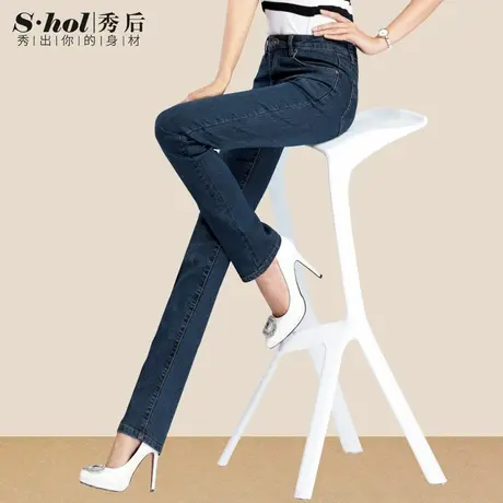 秀后弹力高腰裤直筒裤牛仔裤女秋季宽松大码加长女裤中年妈妈裤子商品大图