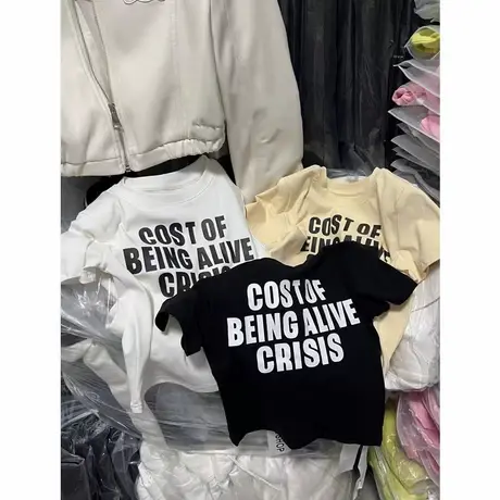 韩国东大门2025春夏新款洋气修身字母印花垫肩短袖T恤短款上衣女商品大图