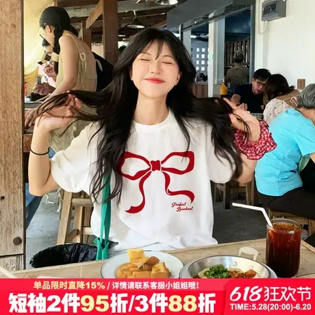 夏季新款简约风超好看蝴蝶结印花白色短袖t恤女宽松甜妹减龄上衣商品大图