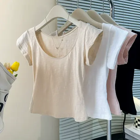 韩系甜辣妹U领大领口短袖T恤女夏季修身显瘦竹节棉短款半袖上衣商品大图