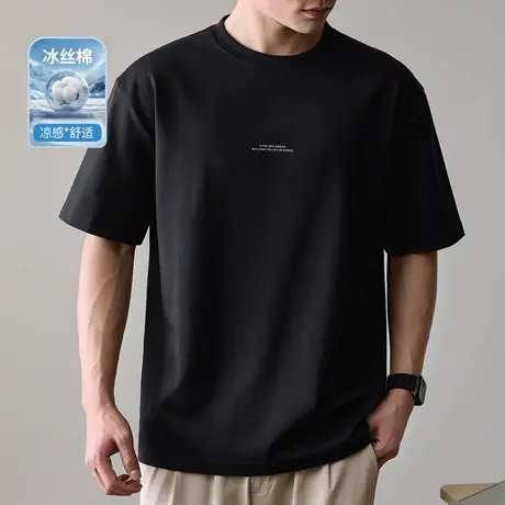 二本针冰感棉凉感短袖T恤男士2025夏季新款宽松大码字母印花体恤图片