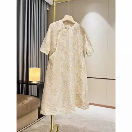 爵莱菲大码刺绣中国风短袖连衣裙女高级感圆领斜襟宽松显瘦裙子商品大图