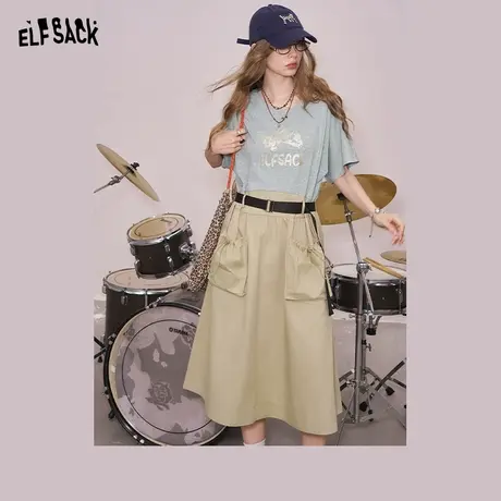 妖精的口袋印花工装连衣裙女2025年夏季新款撞色拼接甜酷t恤裙子商品大图