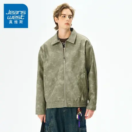N5真维斯外套男2025秋季新款美式潮牌扎染PU皮衣男士春秋休闲夹克商品大图