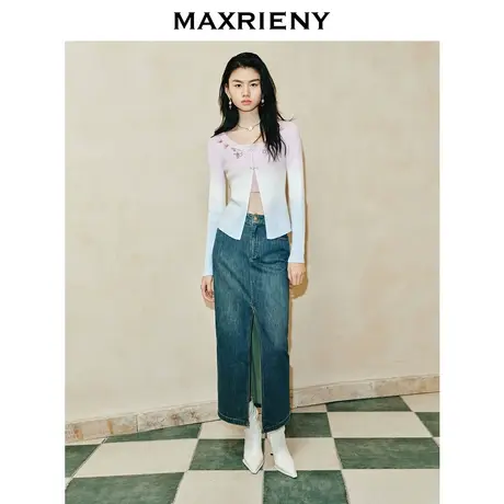 [3件8折]MAXRIENY精致复古感开衩牛仔半裙24春款高级气质感女装商品大图
